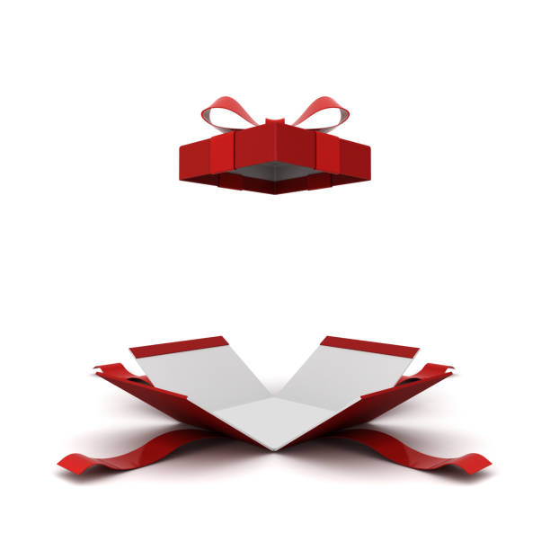 Open gift box , Red present box with red ribbon bow isolated on white background with shadow . 3D rendering.