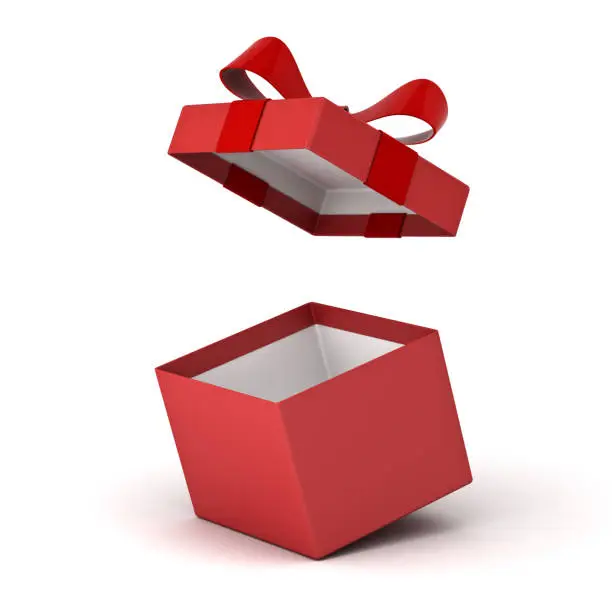 Photo of Open gift box , Red present box with red ribbon bow isolated on white background with shadow . 3D rendering