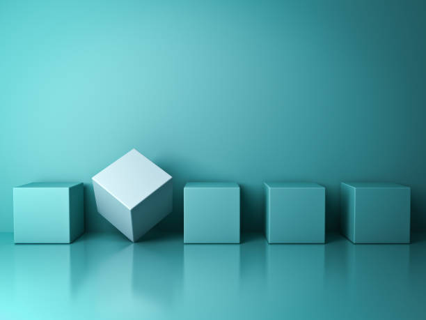 istock Stand out from the crowd and different creative idea concepts , One white box standing among green square boxes in the row on green pastel color background with reflections and shadows . 3D rendering 958941300