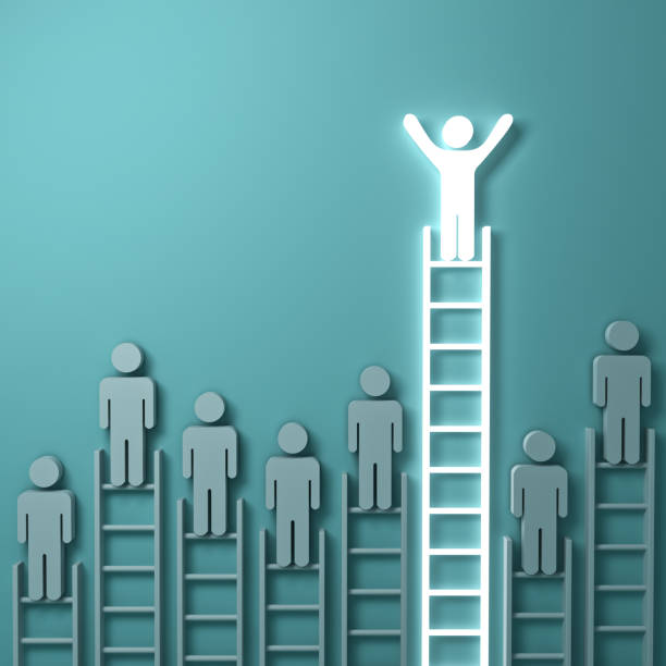 istock Stand out from the crowd and think different concepts , One light man standing with arms wide open on top of the longest ladder above other dim people on light green background . 3D rendering 958941316