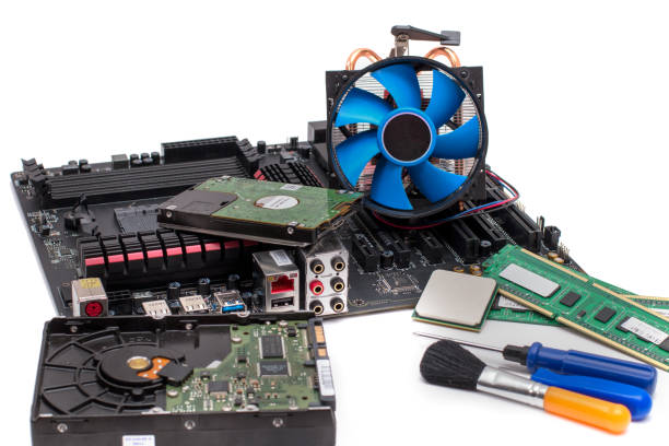 istock Computer motherboard with a view of parts and components 958961450