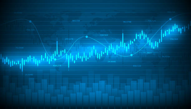 ilustraciones, imágenes clip art, dibujos animados e iconos de stock de gráfico económico con esquemas en el mercado de valores, para negocios y conceptos financieros y los informes. fondo de vector abstracto azul. - stock exchange chart stock market investment