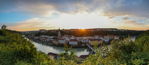 Panorama PIcture of the citz Burghausen in Bavaria Germany. Picture taken at the sunset.\nMultipixel panorama.