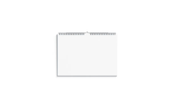 Blank white horizontal calendar mock up front view Blank white horizontal calendar mock up front view, 3d rendering. Empty almanac a4 mockup with metal spirals. Clear wall mounted landscape menology on surface template. wall calendar stock pictures, royalty-free photos & images
