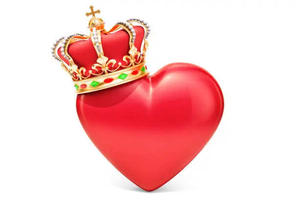 Photo of Heart with golden crown, 3D rendering isolated on white background