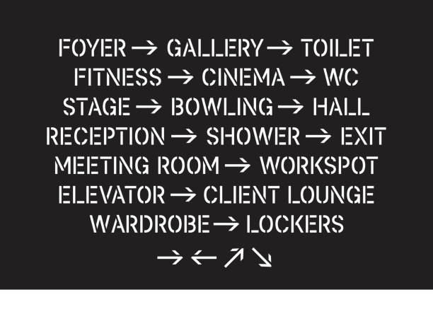 Office building or mall navigation and way finding system with basic rooms like foyer, gallery, toilet, wc, stage, bowling, hall, reception, shower, exit, elevator, client lounge, wardrobe, lockers Office building or mall navigation and way finding system with basic rooms like foyer, gallery, toilet, wc, stage, bowling, hall, reception, shower, exit, elevator, client lounge, wardrobe, lockers stencil stock illustrations