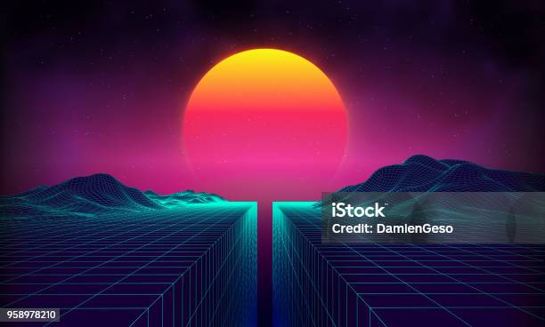 Retro Background Futuristic Landscape 1980s Style Digital Retro Landscape Cyber Surface 80s Party Background Retro 80s Fashion Scifi Background Summer Landscape Stock Illustration - Download Image Now