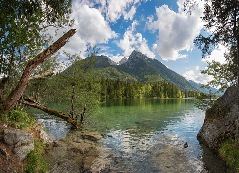 Panaorama picture of the lake hintersee in the berchtesgadener nationalpark in bavaria germany.