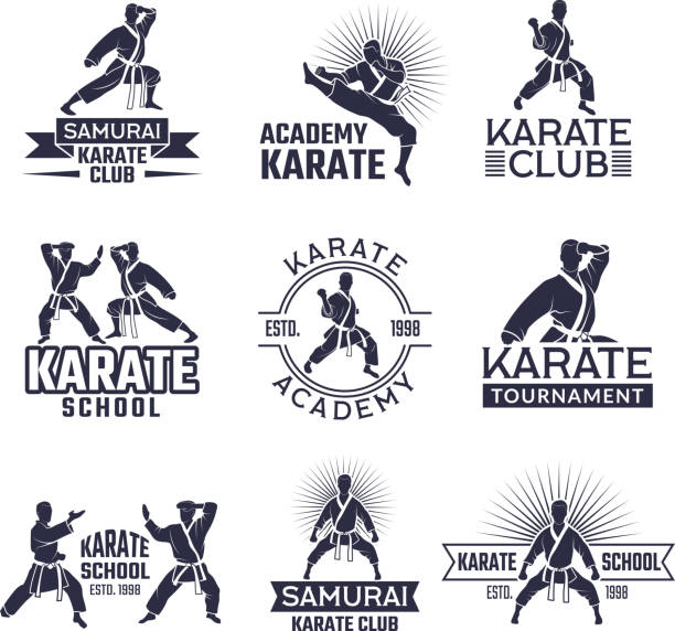 illustrazioni stock, clip art, cartoni animati e icone di tendenza di design del set di etichette per sport marziali. badge monocromatici isolati su bianco - karate