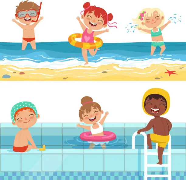 Vector illustration of Kids playing in water. Vector characters isolate