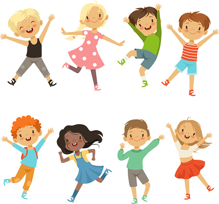 Active kids in different action poses. Vector illustrations. Young boy and girl happiness, active jump and cheerful