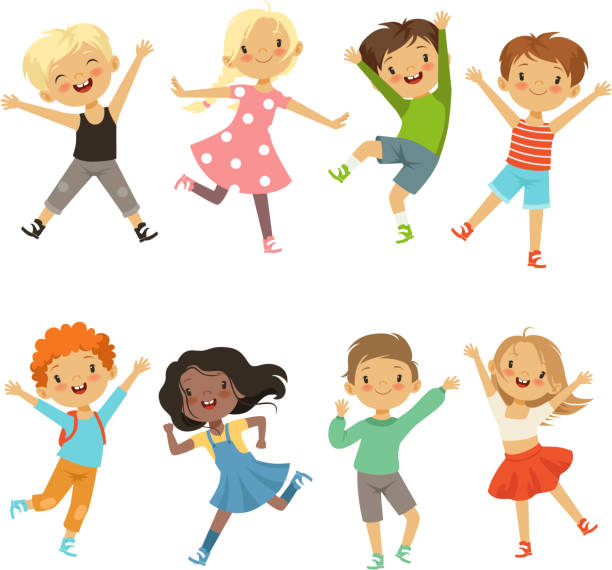 Active kids in different action poses. Vector illustrations Active kids in different action poses. Vector illustrations. Young boy and girl happiness, active jump and cheerful cartoon kids stock illustrations