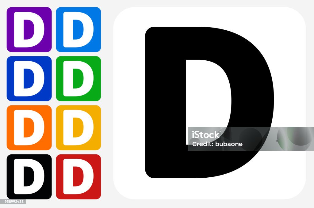 Letter D Icon Square Button Set Letter D Icon Square Button Set. The icon is in black on a white square with rounded corners. The are eight alternative button options on the left in purple, blue, navy, green, orange, yellow, black and red colors. The icon is in white against these vibrant backgrounds. The illustration is flat and will work well both online and in print. Blue stock vector