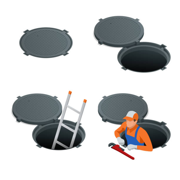 kanalisation schlüpfen geöffnet und geschlossen. kanaldeckel, straße luke vektor illustration bau unter einer straße. vektor-illustration - einsteigloch stock-grafiken, -clipart, -cartoons und -symbole