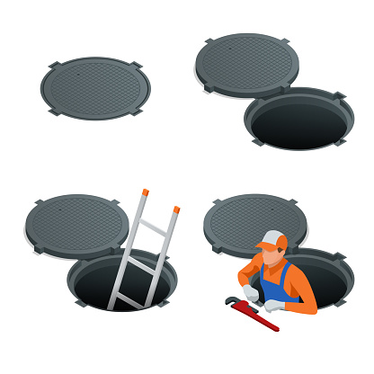 Sewer hatch Open and closed. Manhole cover, road hatch Vector illustration construction under a road. Vector illustration.