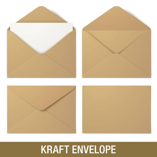 Realistic brown vector envelope mockups. Set of kraft vector envelopes in different views, isolated on a white background. Realistic brown vector envelope mockups. envelope stock illustrations