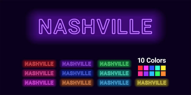 Neon name of Nashville city Neon name of Nashville city. Vector illustration of Nashville inscription consisting of neon outlines, with backlight on the dark background. Set of different colors nashville stock illustrations