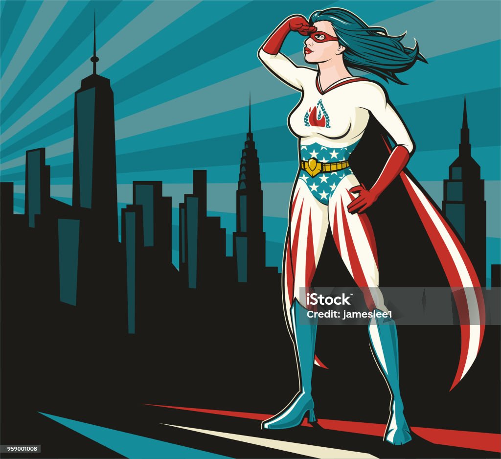 American Female Super Hero A beautiful American super hero Looks out over the New York skyline. She's ready for action. Pop art comic book style vector illustration. Fully editable. Superhero stock vector