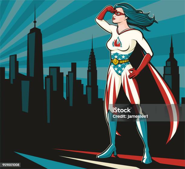 American Female Super Hero Stock Illustration - Download Image Now - Superhero, Pop Art, Women