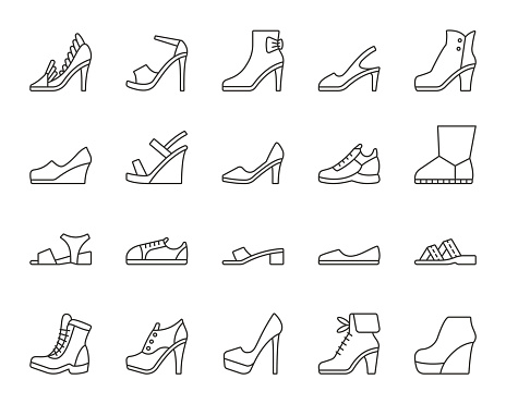 Women Shoes thin line icons set. Outline web sign kit of footwear. Shoes linear icon collection includes sandals, platforms, mules. Simple black symbol. Vector Illustration isolated on white