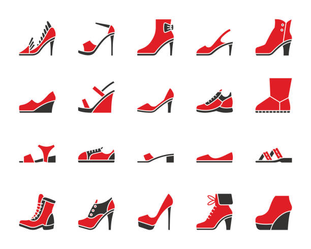 schuhe einfach flach farbsymbole vektor-satz - fashion group of objects shoe boot stock-grafiken, -clipart, -cartoons und -symbole