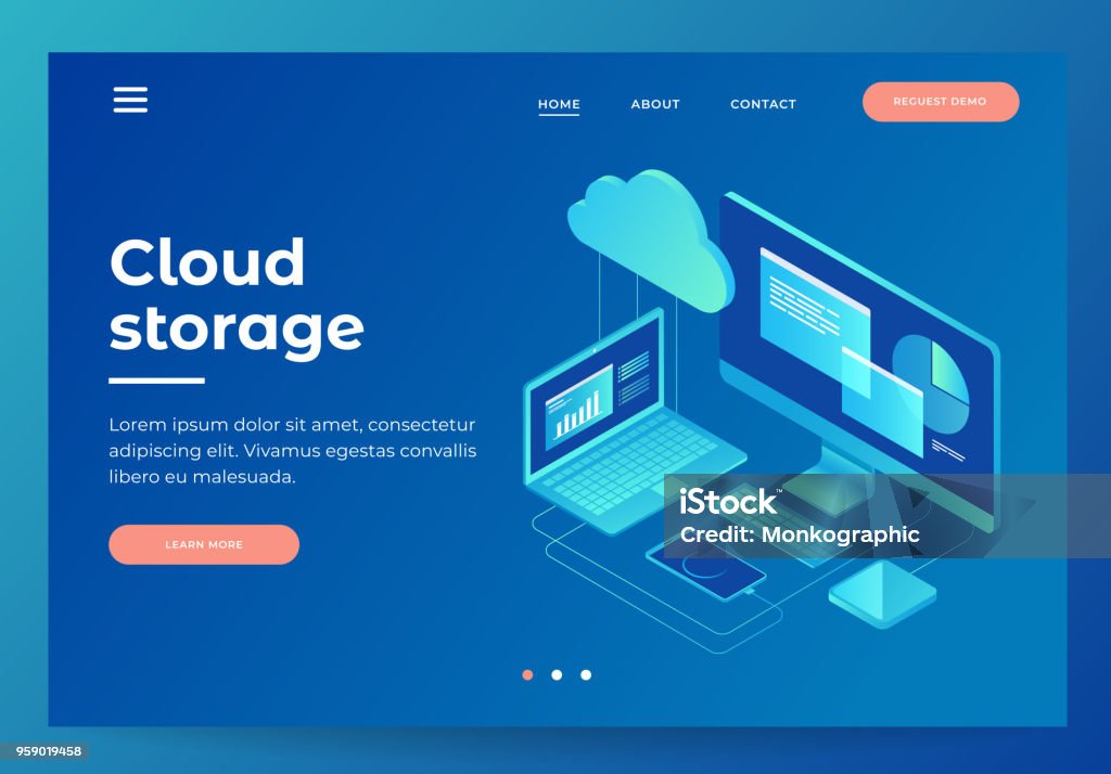 Konzepte-Cloud-Speicher. Header für Website mit Computer, Laptop, Smartphone auf blauem Hintergrund. - Lizenzfrei Cloud Computing Vektorgrafik