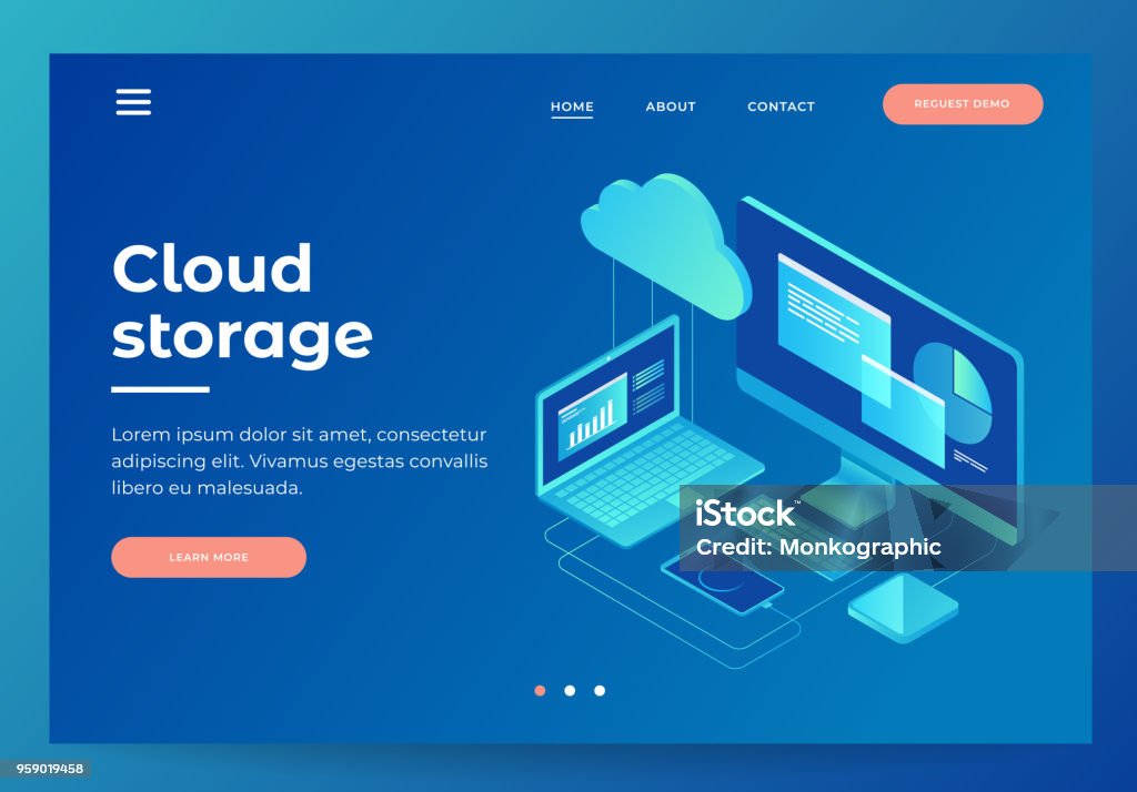 Almacenamiento en la nube conceptos. Cabecera para web con el ordenador, portátil, smartphone sobre fondo azul. - arte vectorial de Computación en nube libre de derechos