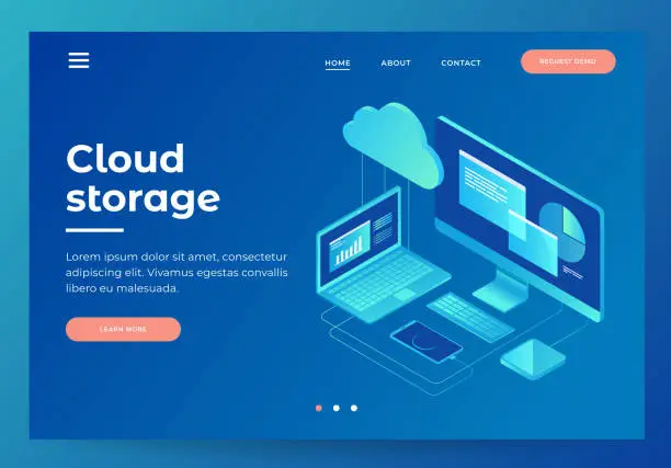 Vector illustration of Concepts Cloud storage. Header for website with Computer, laptop, smartphone on blue background.