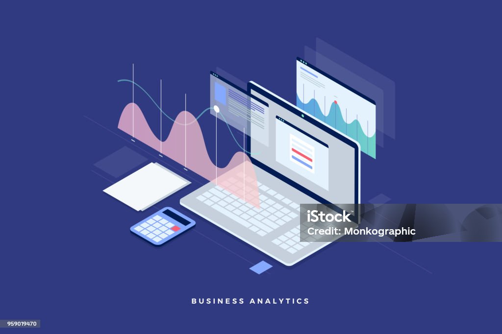 Konzept der Geschäftsstrategie. Analysedaten und Investitionen. Geschäftlichen Erfolg. - Lizenzfrei Isometrische Darstellung Vektorgrafik