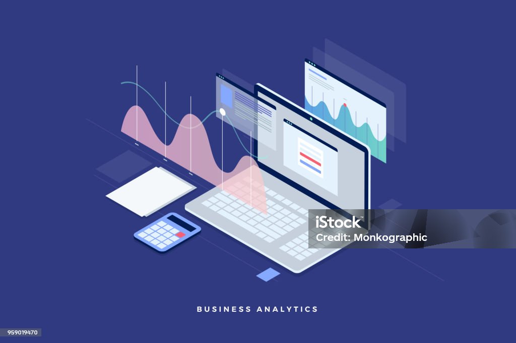 Concept business strategy. Analysis data and Investment. Business success. Financial review with laptop and infographic elements. 3d isometric flat design. Vector illustration. Isometric Projection stock vector