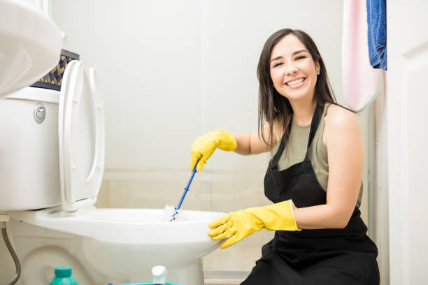 istock Happy maid cleaning toilet pot 959020498