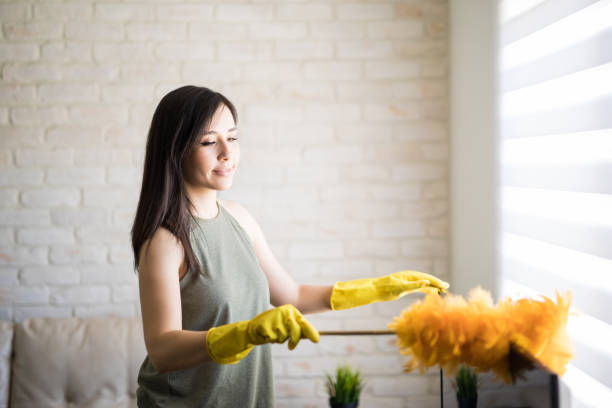 Beautiful housewife rubbing feather duster on television Young woman dusting television top wearing yellow gloves with orange duster dusting stock pictures, royalty-free photos & images