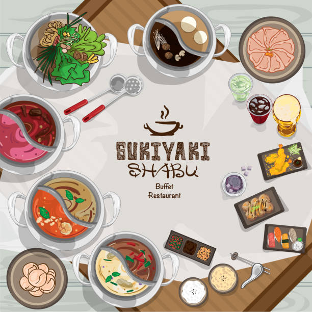 меню шабу sukiyaki ресторан шаблон дизайн графических объектов - shabu stock illustrations