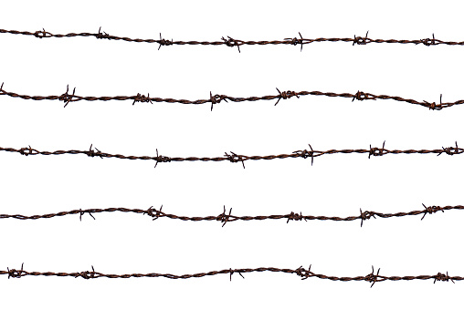 Five pieces of rusty barbed wire isolated on white background.