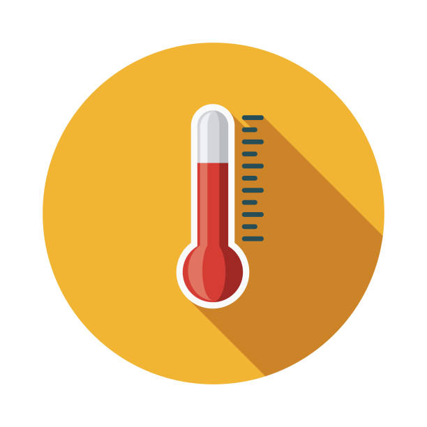 Thermometer Flat Design Weather Icon with Side Shadow A colored flat design weather icon with a long side shadow. Color swatches are global so it’s easy to edit and change the colors. heatwave stock illustrations