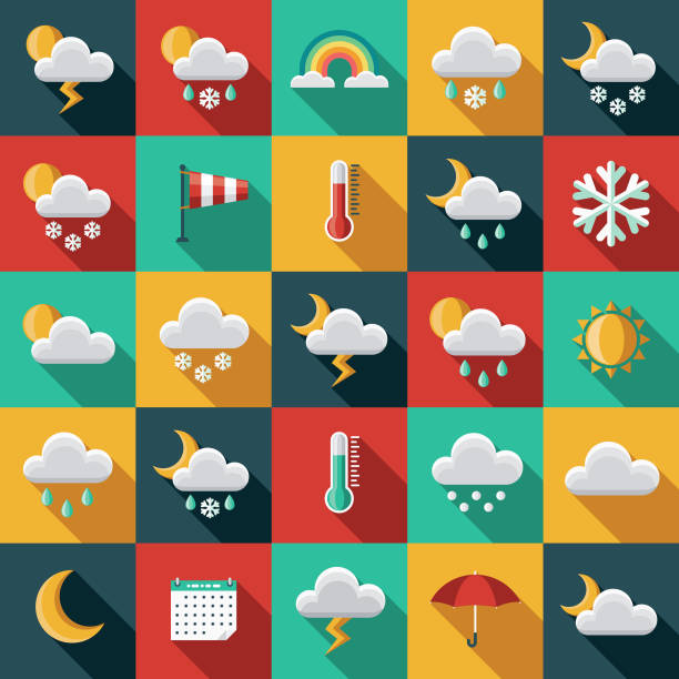 ilustrações, clipart, desenhos animados e ícones de conjunto de ícones de design plano de tempo com sombra do lado - weather symbol sun meteorology