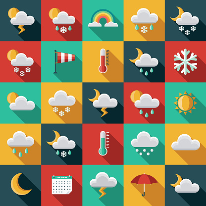 A set of flat design styled weather icons with a long side shadow. Color swatches are global so it’s easy to edit and change the colors.