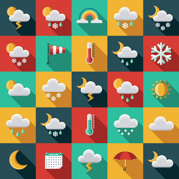 Weather Flat Design Icon Set with Side Shadow A set of flat design styled weather icons with a long side shadow. Color swatches are global so it’s easy to edit and change the colors. overcast illustrations stock illustrations