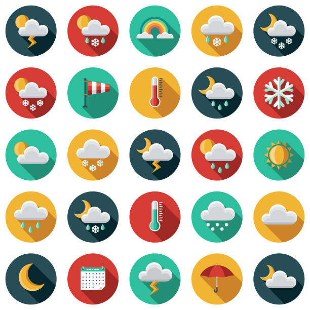 ilustrações, clipart, desenhos animados e ícones de conjunto de ícones de design plano de tempo com sombra do lado - weather symbol sun meteorology