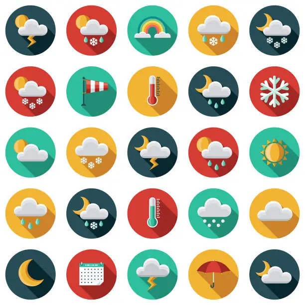 Vector illustration of Weather Flat Design Icon Set with Side Shadow