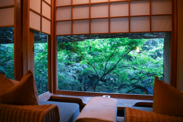 Ryokan in Kyoto, Japan View out the window of a traditional ryokan in Kyoto country inn stock pictures, royalty-free photos & images