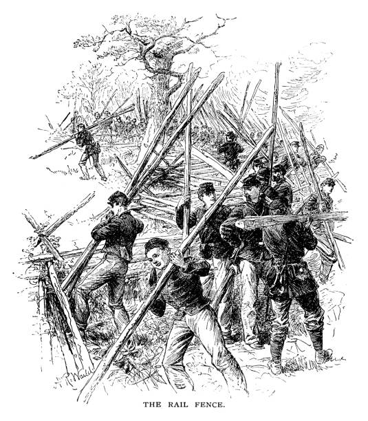 Soldiers building a rail fence Soldiers building a rail fence - Scanned 1887 Engraving rail fence stock illustrations