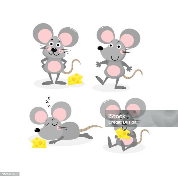 Set Vector Mignonne Souris Et Fromage Vecteurs libres de droits et plus d'images vectorielles de Souris - Animal - Souris - Animal, Faune, Cartoon