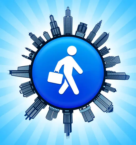 Vector illustration of Briefcase Stick Figure  on Modern Cityscape Skyline Background