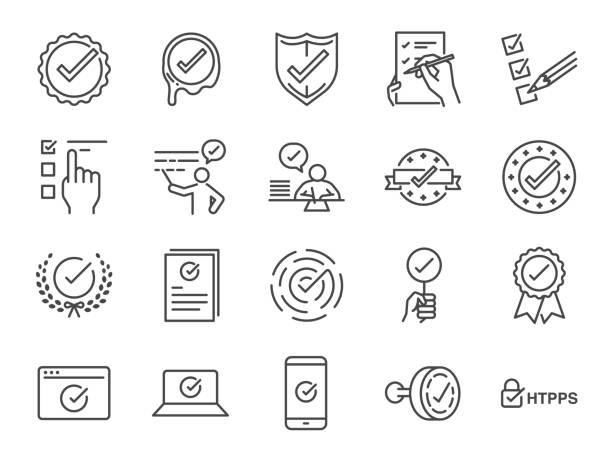 ilustraciones, imágenes clip art, dibujos animados e iconos de stock de conjunto de iconos de marca de verificación. incluye los iconos como correcto, verificado, certificado, aprobación, acepta, confirmar, verificar lista y más - routine