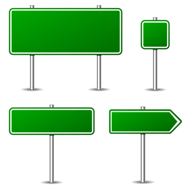 zielone znaki drogowe na białym tle - znak ilustracje stock illustrations