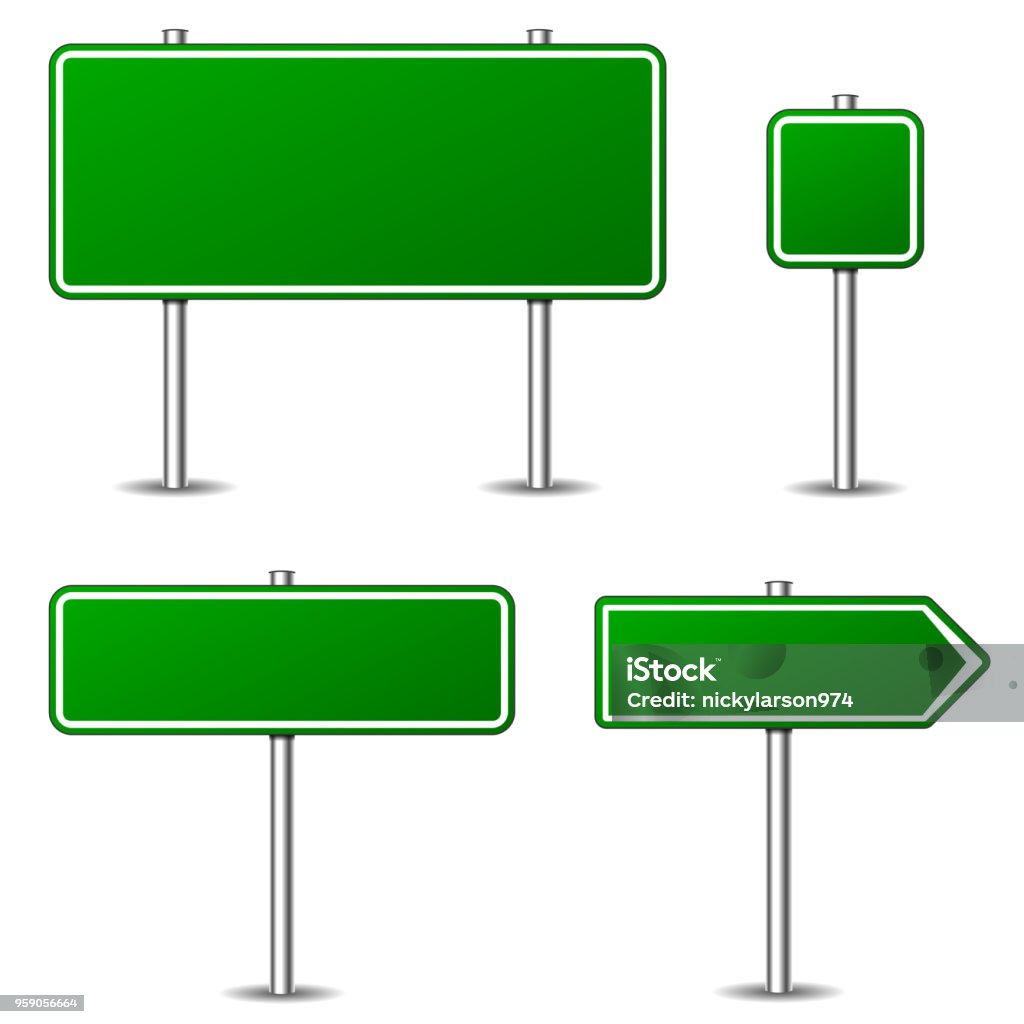 green road signs on white background Illustration of green road signs on white background Road Sign stock vector