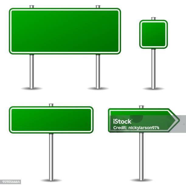 Green Road Signs On White Background Stock Illustration - Download Image Now - Road Sign, Vector, Directional Sign
