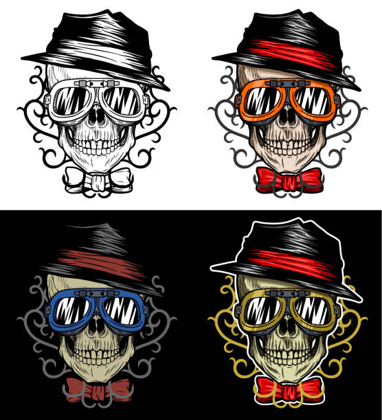 Fashionable Biker Skull Wearing Hat and goggles With Tribal Background Fashionable Biker Skull Wearing Hat and goggles With Tribal Background, Hand Drawing With 4 variation Color pimp stock illustrations