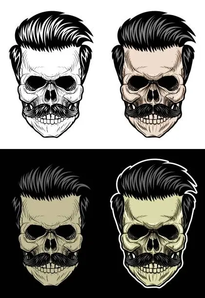 Vector illustration of Skull with hair and mustache